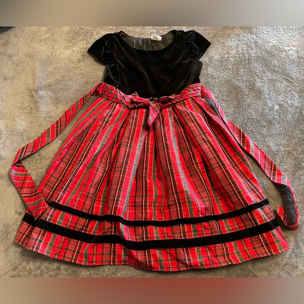 Girls Black Velvet Red and Green Plaid Dress